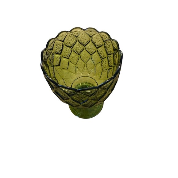 Indiana Glass Olive Green Diamond Pattern Pedestal Goblet Scalloped Edge Regent - Picture 9 of 9